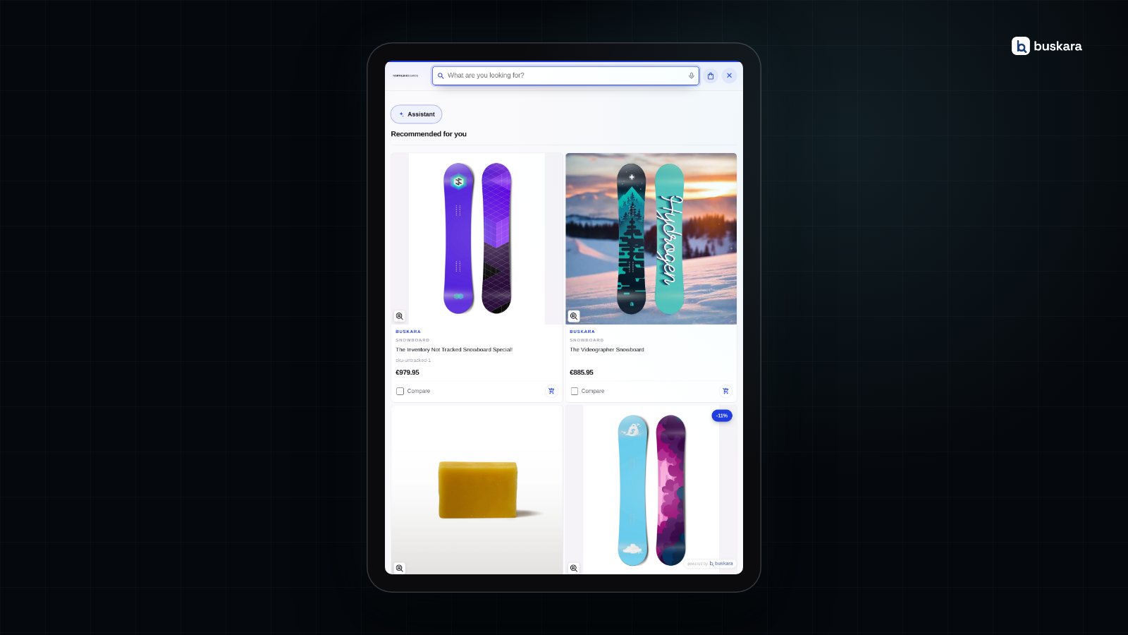O carrossel de recomendados do Buskara numa loja Shopify, num tablet